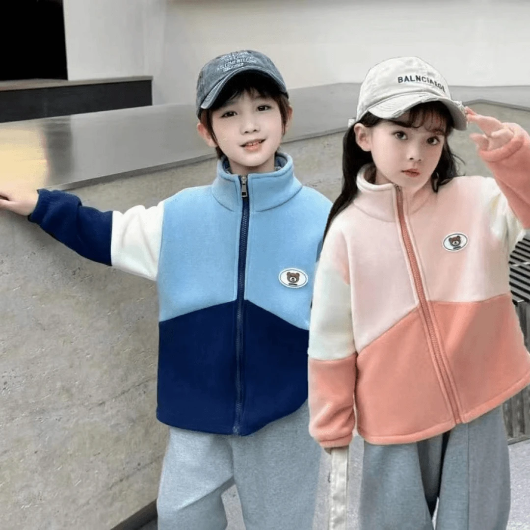 2025新款男童女童外套时尚春秋儿童保暖加绒上衣立领休闲拼色外套