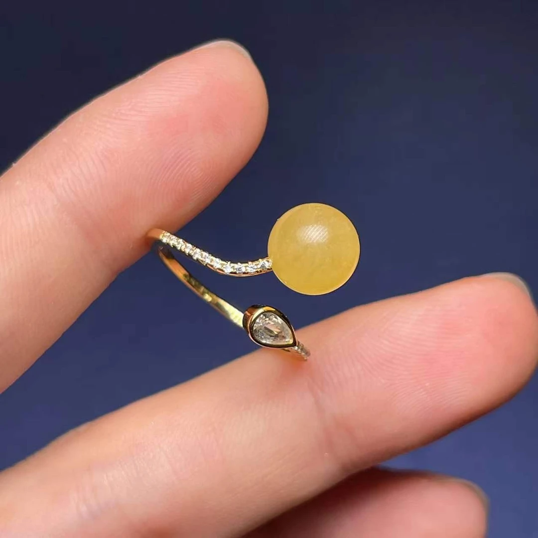 【云上叙】31 T4423-s925镶嵌蜜蜡圆珠戒指-8.5mm（小宝）