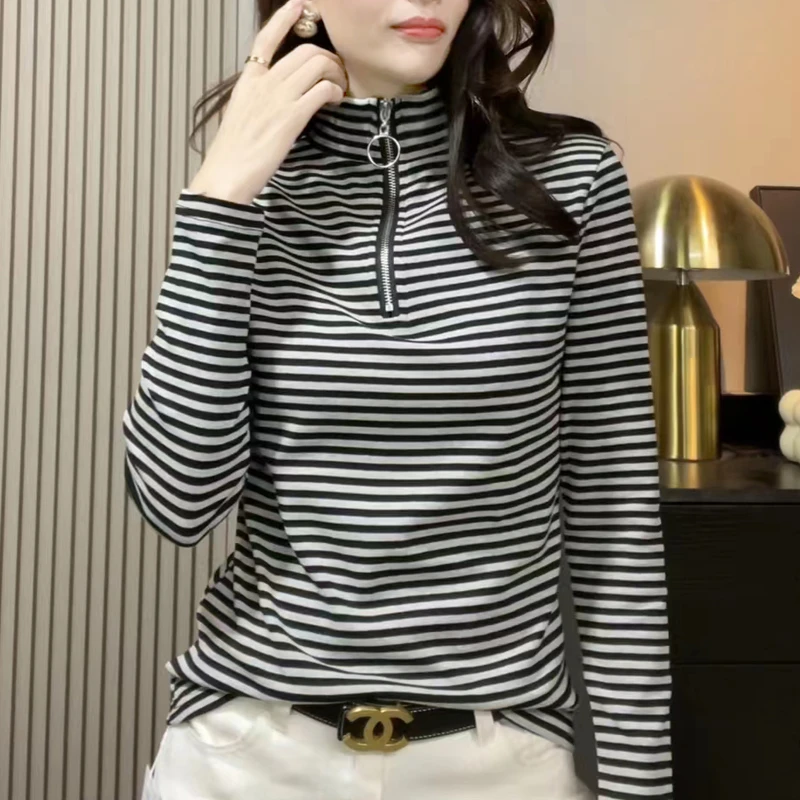 秋季条纹长袖半高领上档次打底衫女内搭洋气T恤上衣 82351-1025