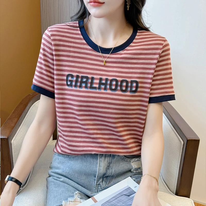 2025年春夏条纹高档印花短袖T恤女士气质半袖夏装上衣-089-1220
