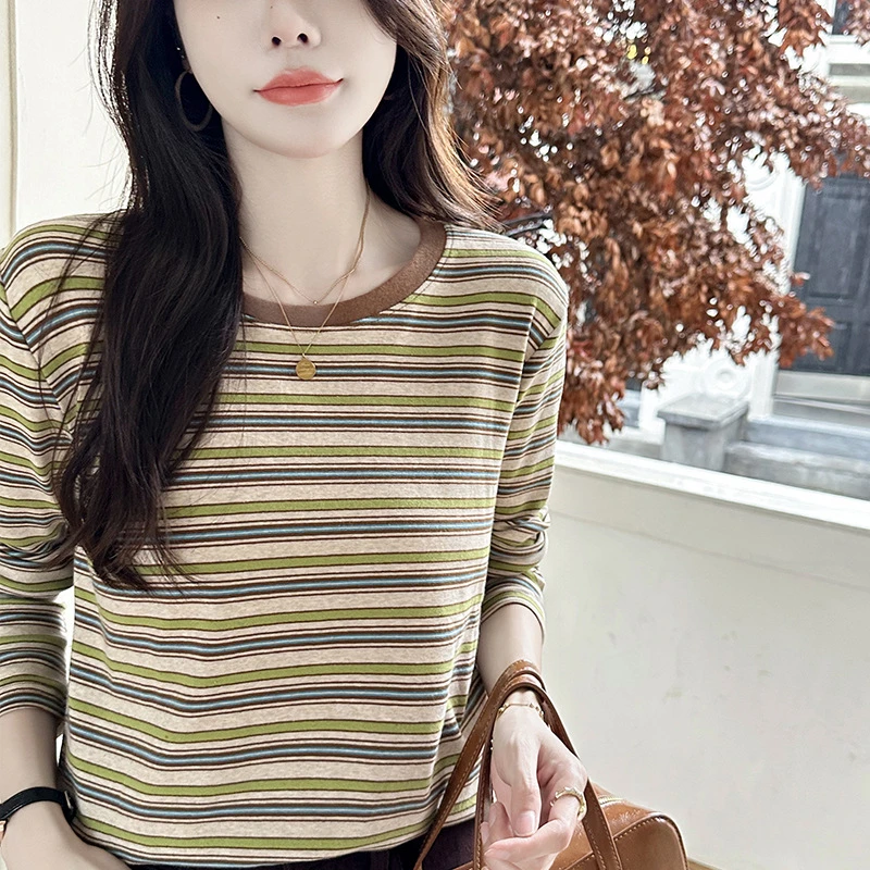 早秋条纹长袖圆领上档次打底衫女内搭外穿洋气T恤上衣 062-0901