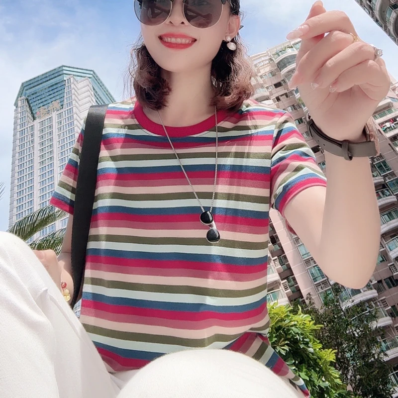 2025新款条纹短袖t恤女正肩显瘦圆领撞色高端潮牌女装 124-0921