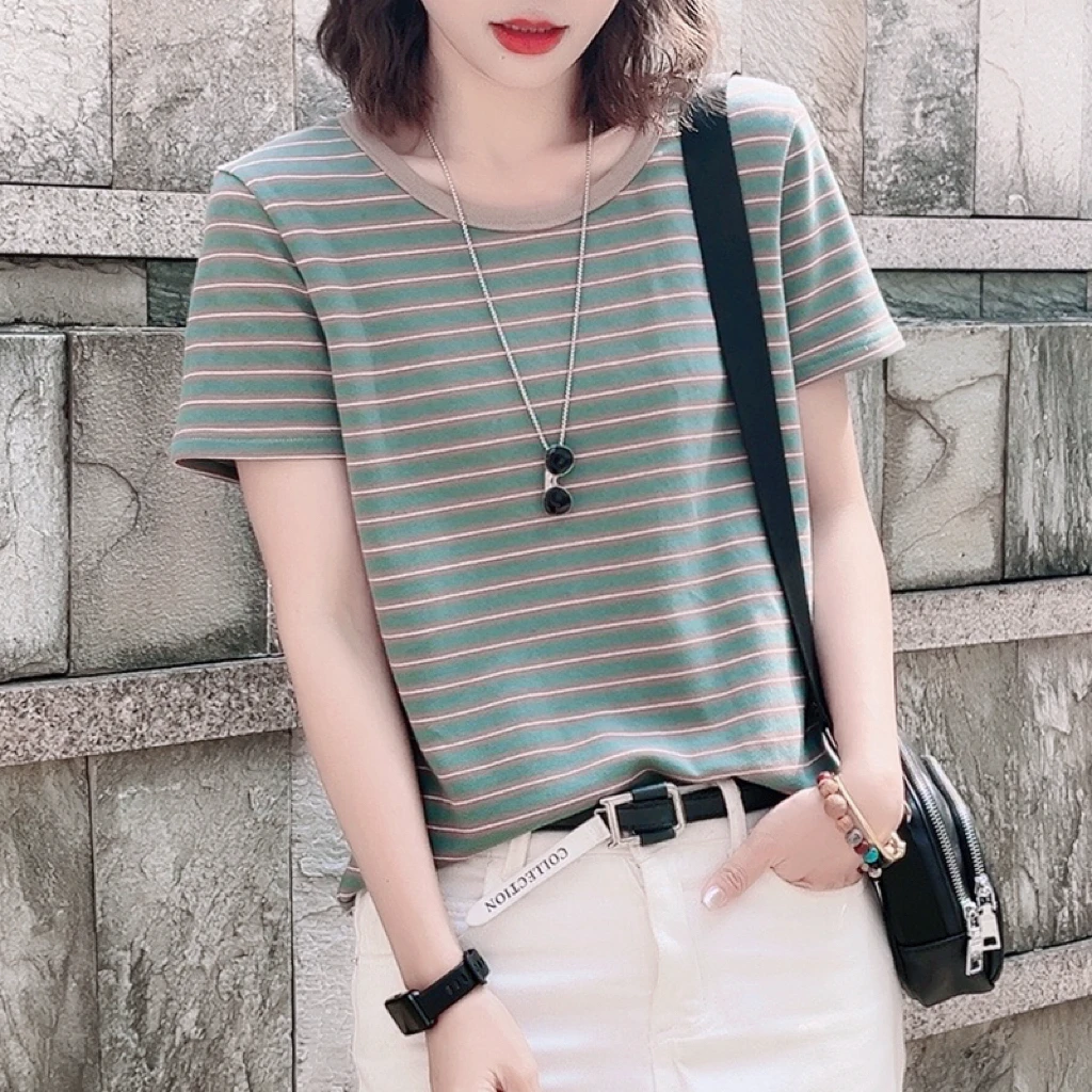 2025新款条纹短袖t恤女正肩显瘦圆领撞色高端潮牌女装 083-0221