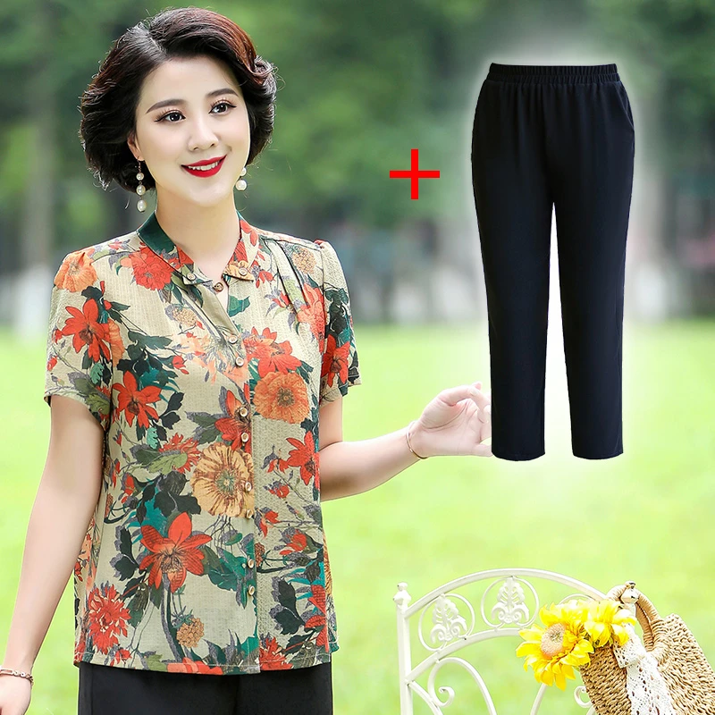 美学家胖妈妈夏装短袖衬衫中老年人女装高贵洋气印花衬衫B3731