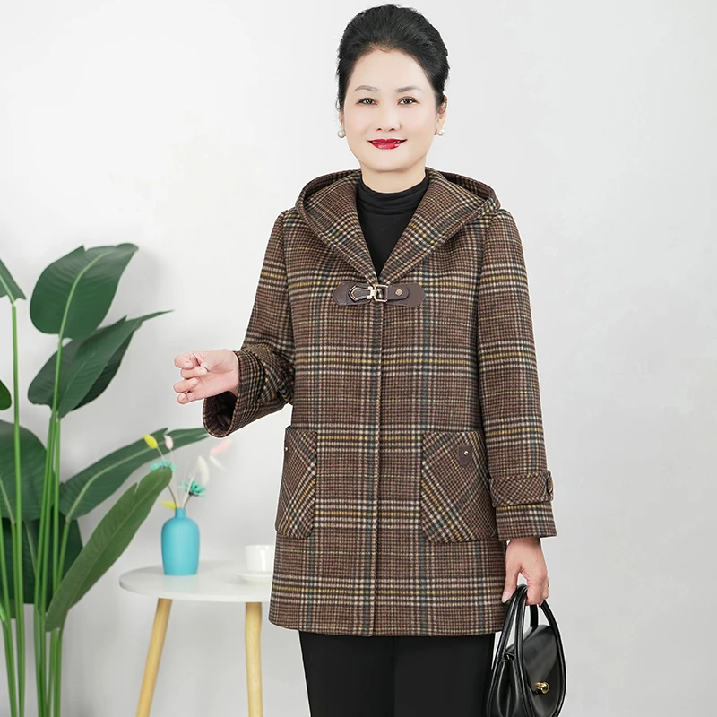 美学家秋冬洋气妈妈中长款连帽毛呢外套大码休闲中老年女装D25112