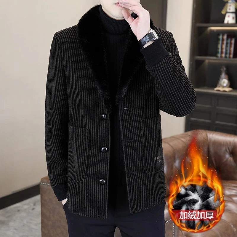 成熟痞帅男装毛呢大衣秋冬季中款加绒加厚新款高端毛领风衣潮