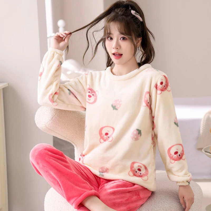 珊瑚绒睡衣套装女款情侣法兰绒家居服加厚可爱套头长袖保暖睡衣女