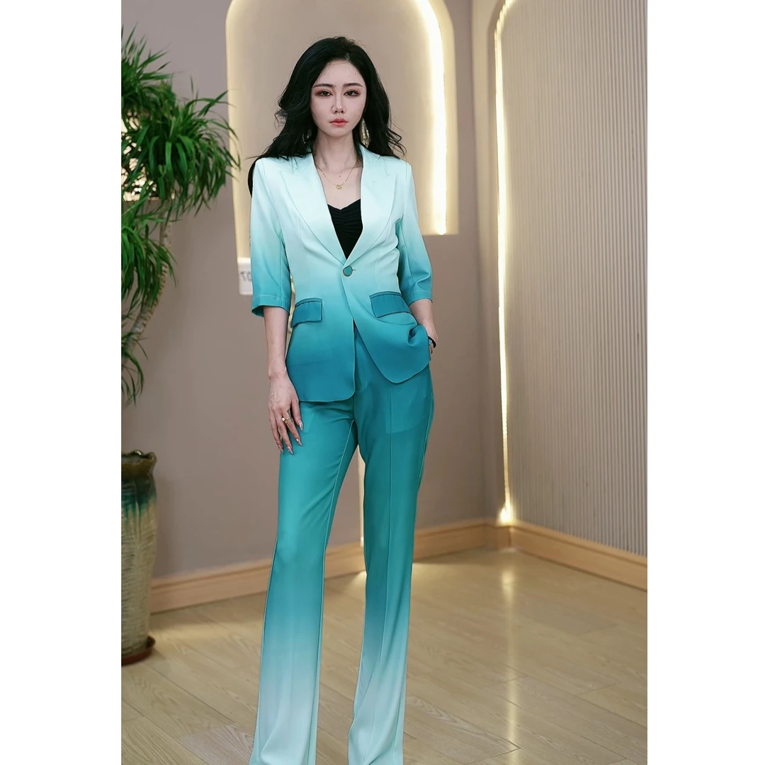 【Z.YE】2024新款欧美明星时尚气质渐变色修身喇叭裤套装修身显瘦