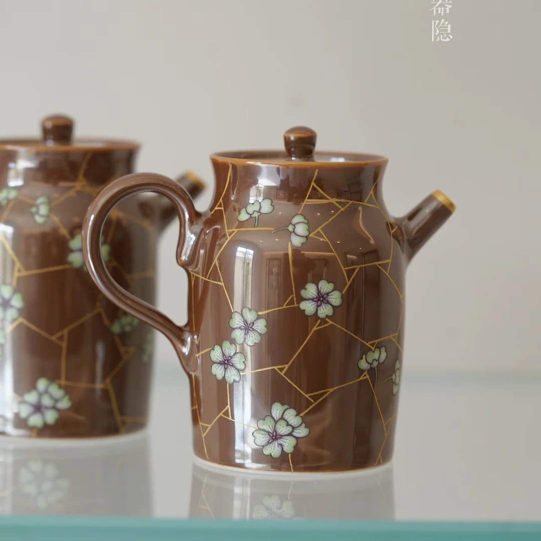 外山器隠-紫金釉绿冰裂纹直口壶 景德镇手工颜色釉粉彩陶瓷本金壶