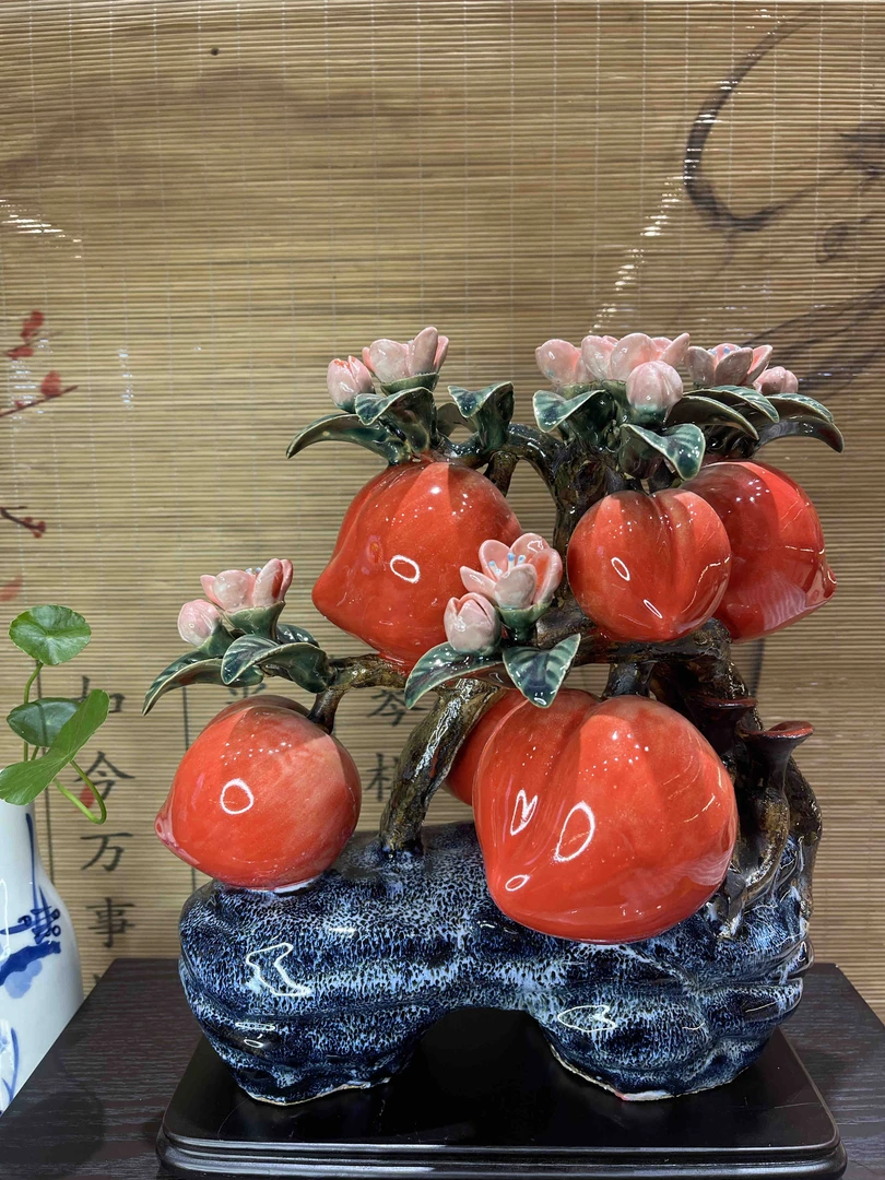 《福寿双全》寿桃手工制作陶瓷创意摆件；尺寸：30*16*29
