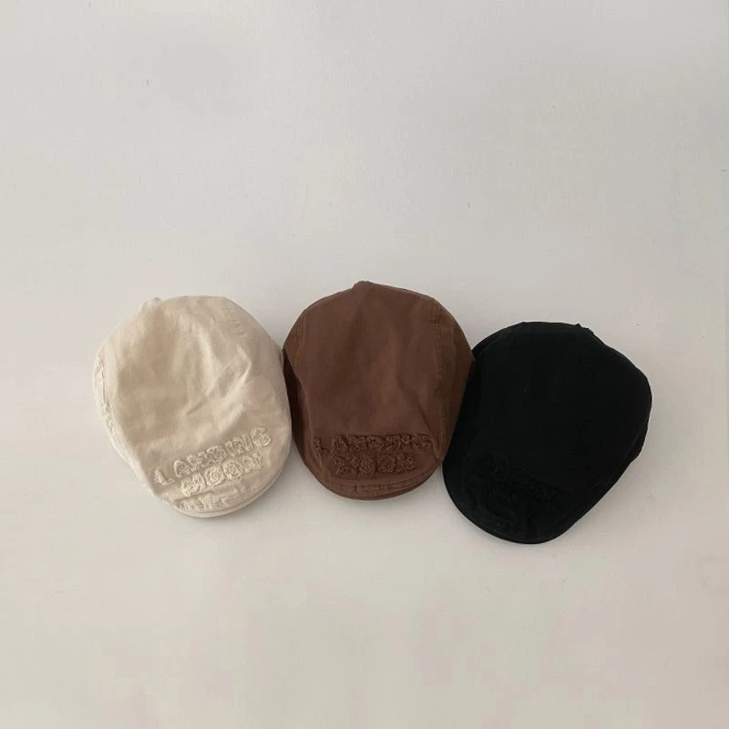 ins韩国儿童前进帽洋气字母毛边刺绣复古报童帽宝宝反带贝雷帽潮