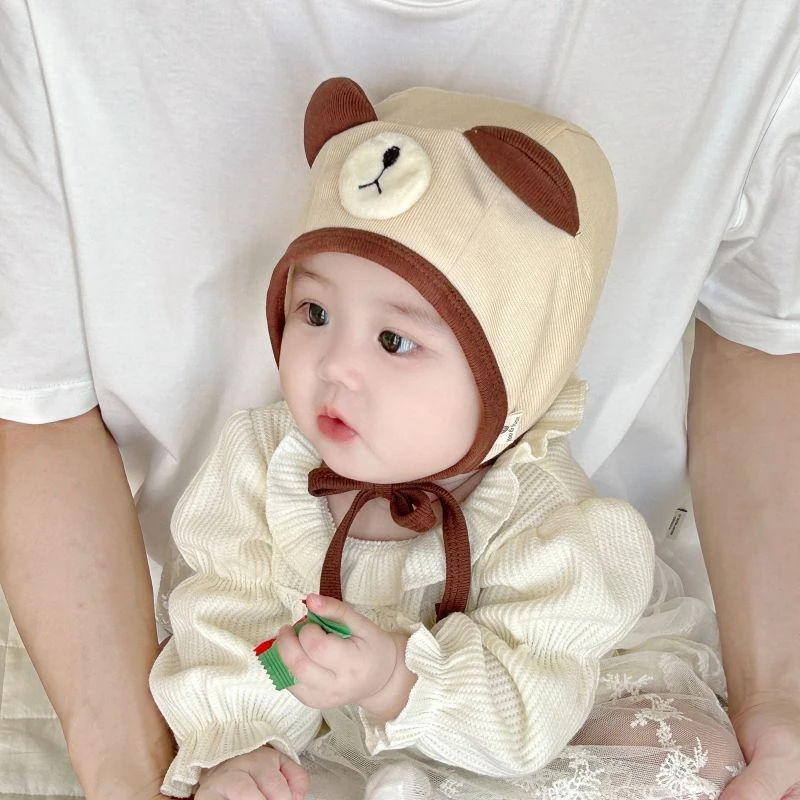 韩国小熊婴儿帽子春秋季纯棉女童包头帽百搭男宝宝外出防风护耳帽