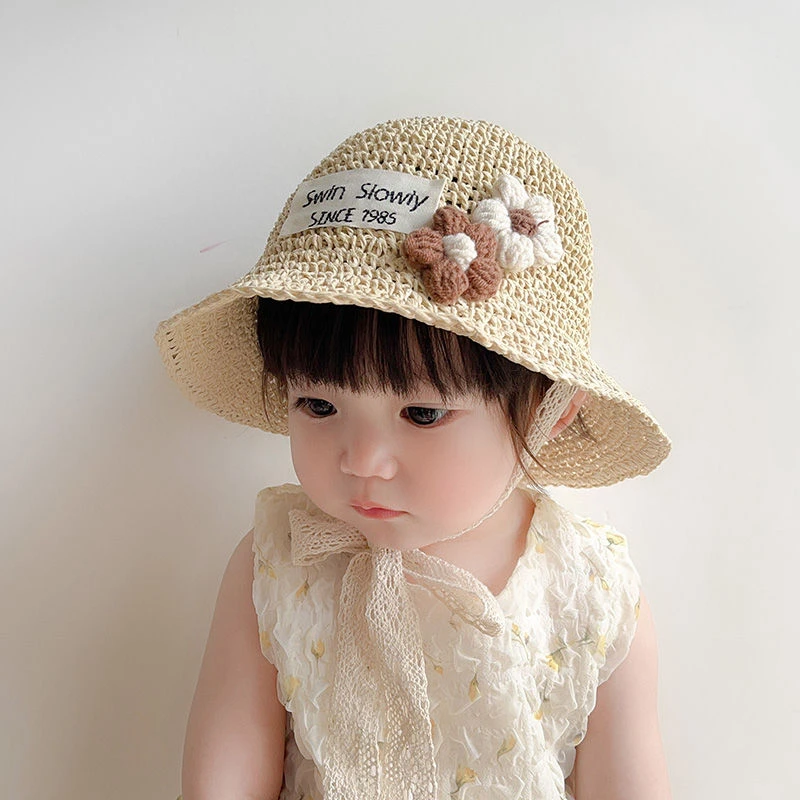 儿童帽子女宝宝洋气花朵草帽女童可调节夏季出游婴儿遮阳帽沙滩帽