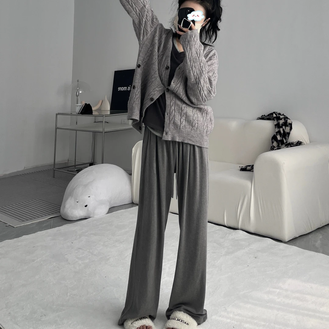 垂感仿羊绒针织阔腿裤女2024秋款韩版慵懒风高腰宽松加长拖地裤