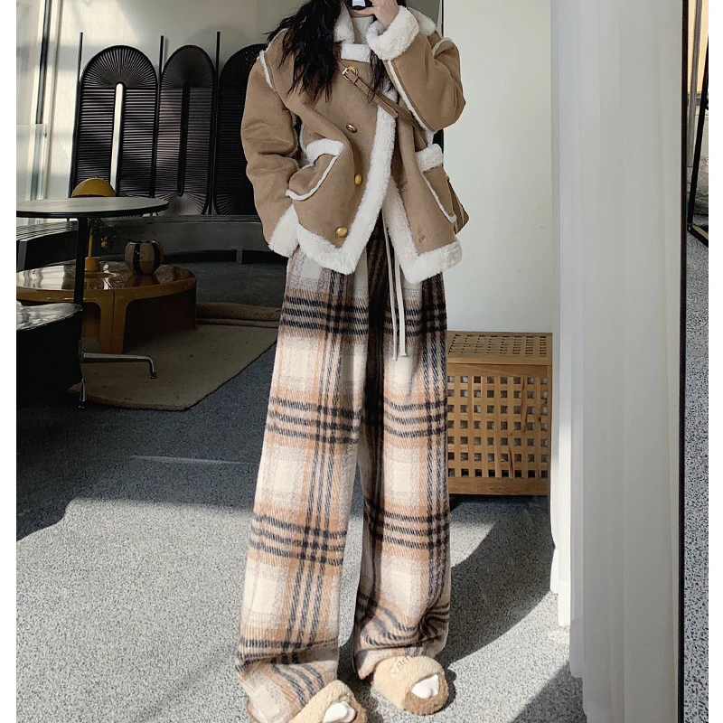 加厚毛呢格子裤女2025秋冬慵懒风拖地休闲棉裤垂感加绒针织阔腿裤
