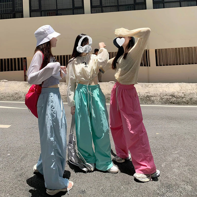 2025新款复古多巴胺工装裤女夏季薄款高腰宽松直筒垂感阔腿伞兵裤