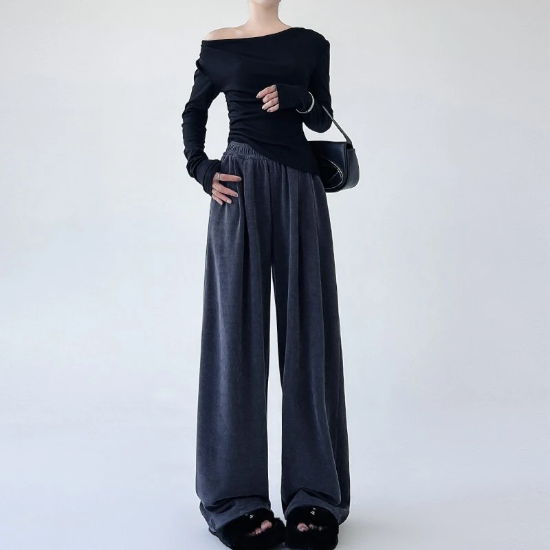 木棉绒山本裤女2023秋冬垂感高腰显瘦休闲针织阔腿裤直筒运动裤