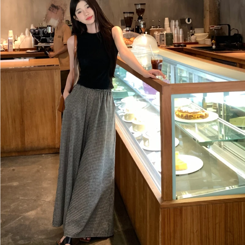 复古格子裤废土风韩版甜美阔腿裤休闲裤女慵懒风夏季薄款宽松时尚