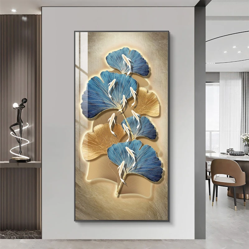 【银河】银杏叶镶钻玄关九鱼装饰画入户走廊过道轻奢挂画80*160