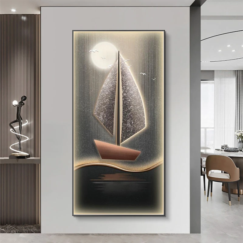 【银河】一帆风顺现代轻奢玄关装饰画竖版高档走廊过道壁画80*160