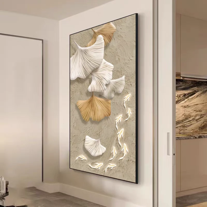 【银河】镶钻银杏叶入户玄关装饰画奶油风九鱼图走廊挂画80*160