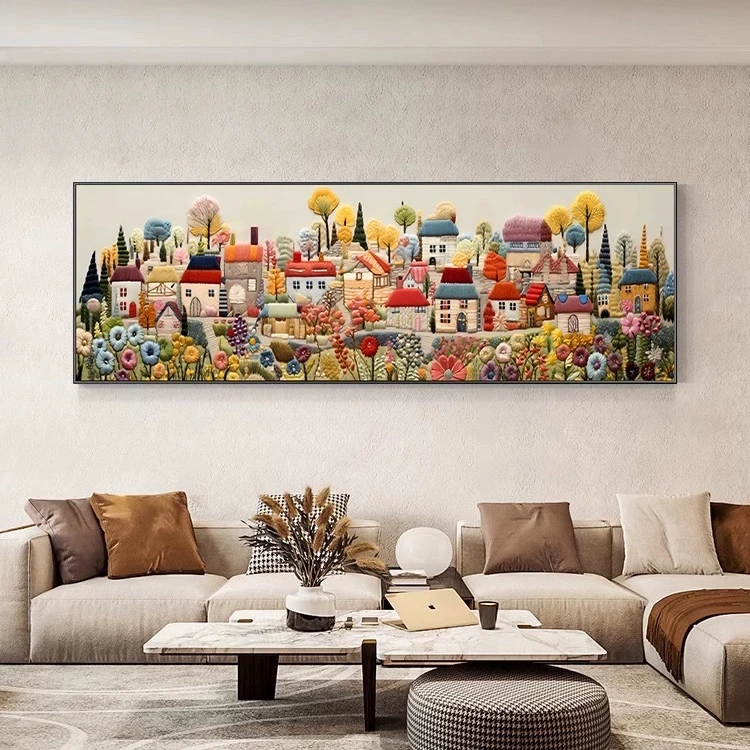 通话小镇客厅装饰画奶油风立体感壁画一小种艺术沙发背景墙挂画