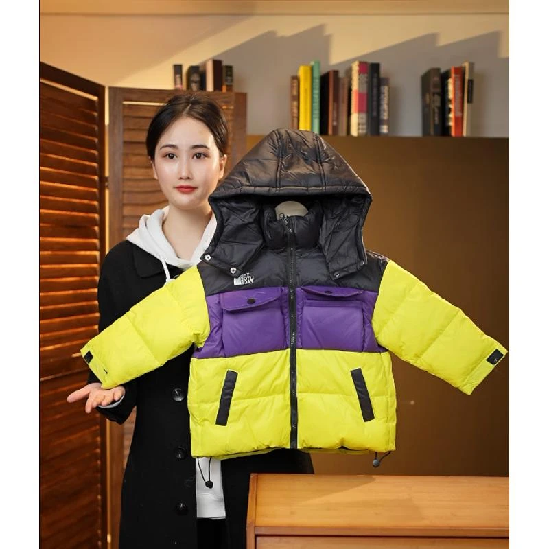 慕喜童品2023冬季新品时尚韩版连帽工装糖果色拼接羽绒服
