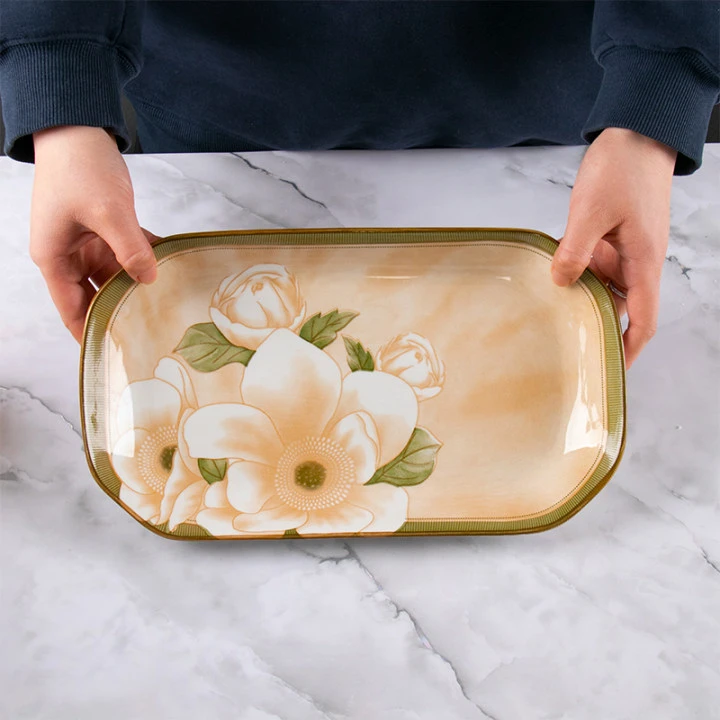 高颜值家用鱼盘大号12英寸陶瓷盘子中式山茶花蒸鱼盘釉下彩菜盘