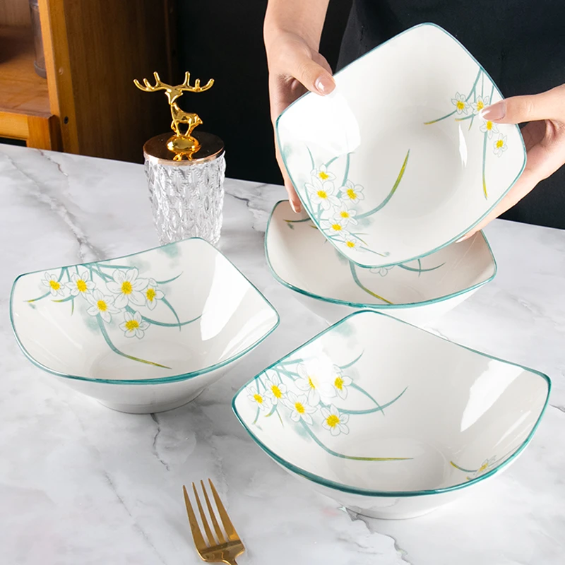 8英寸陶瓷家用水仙花釉下菜手工创意中式手绘碗盘餐具复古四角碗