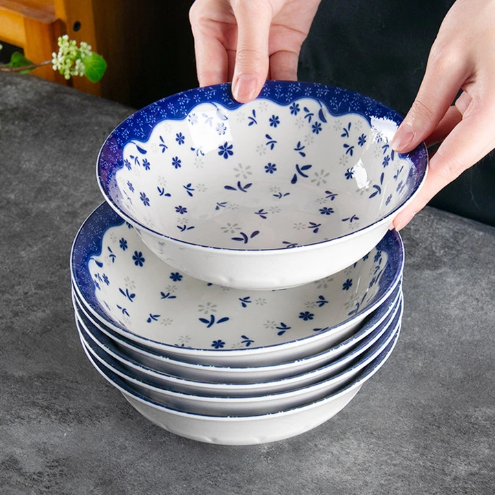 7英寸中式嗦粉碗家用陶瓷面碗创意蓝色釉下彩汤碗6个装餐具kp