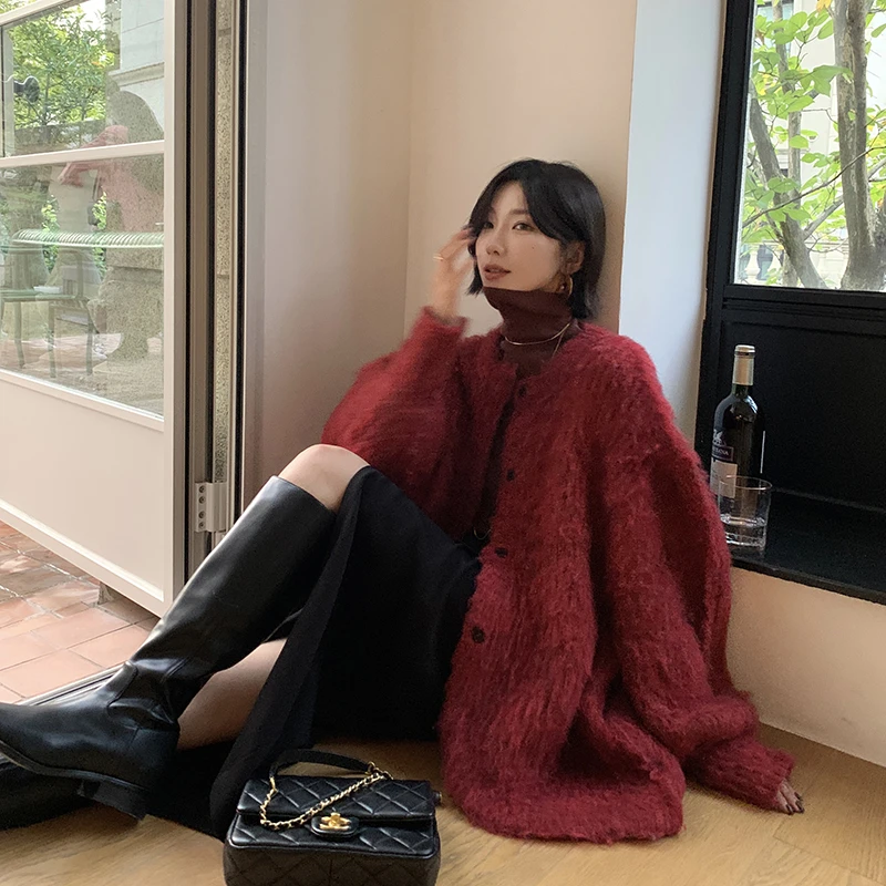 小众慵懒风羊毛混纺拉毛毛衣外套QH233107