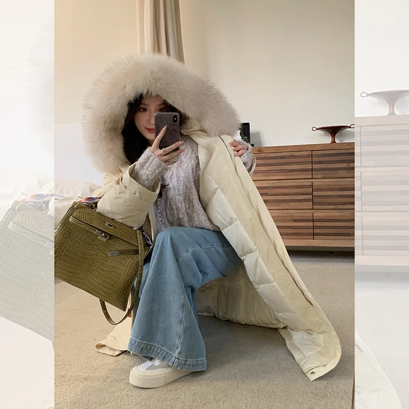 重磅防风保暖超大狐狸毛领连帽长款羽绒服QW234044