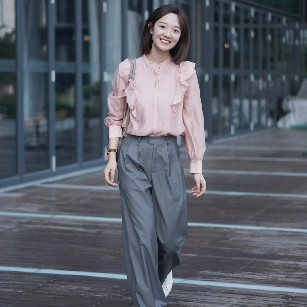 2024新款春夏季休闲简约宽松显瘦长袖衬衫衬衣高腰搭配休闲裤裤子