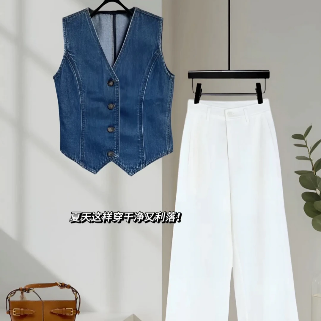 2024新款夏季休闲简约韩版无袖背心马甲搭配白色休闲裤女时尚百搭