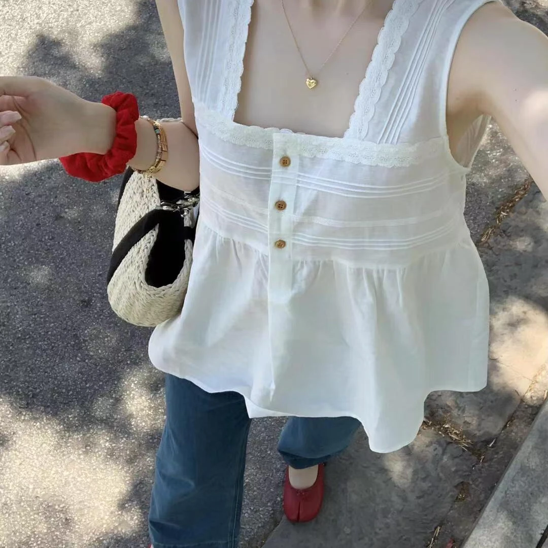 2024新款夏季法式方领无袖背心衬衫上衣搭配高腰牛仔裤女时尚百搭