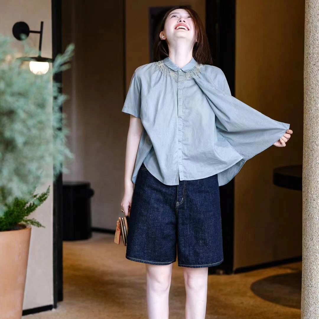 2024新款夏季休闲简约韩版衬衫气质衬衣搭配牛仔五分裤女时尚百搭