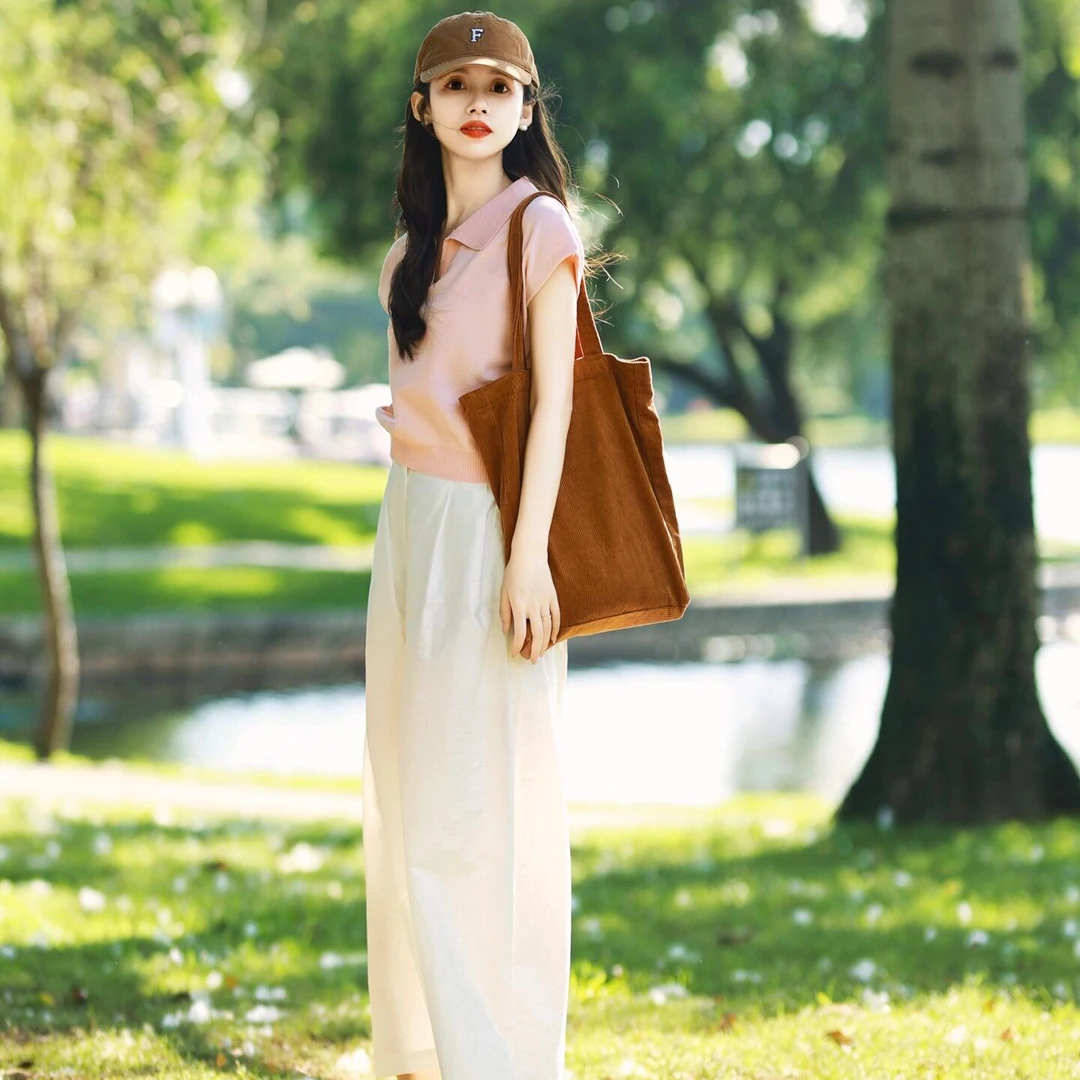 2024新款夏季立领粉色短袖气质POLO衫搭配白色休闲裤女时尚百搭