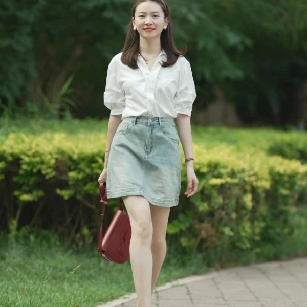 气质穿搭2024新款夏季休闲简约韩版衬衫搭配半身裙牛仔裙子显瘦