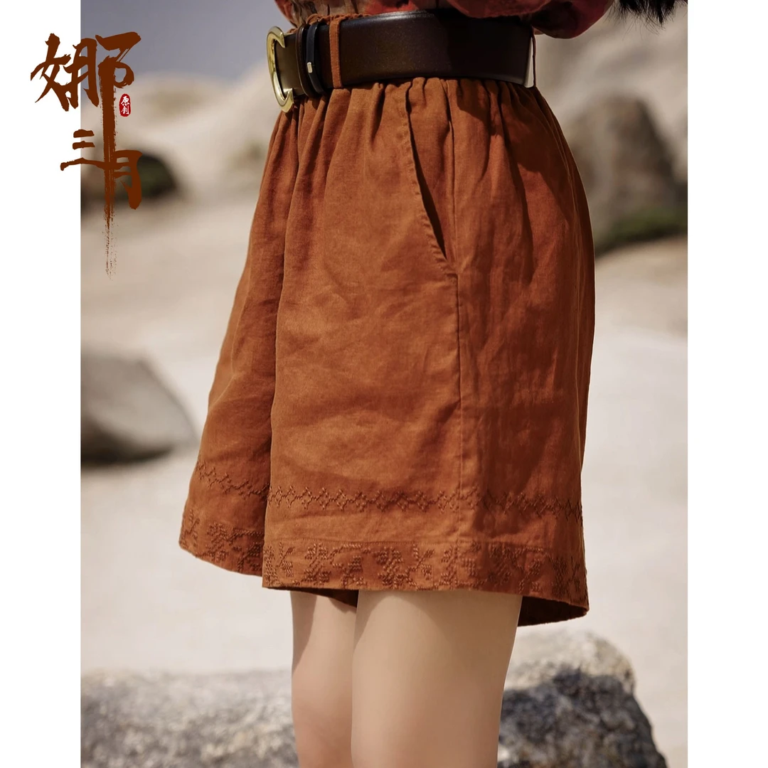 娜三月【大宝推荐】小青复古女装伞型亚麻百搭时尚休闲583短裤CH