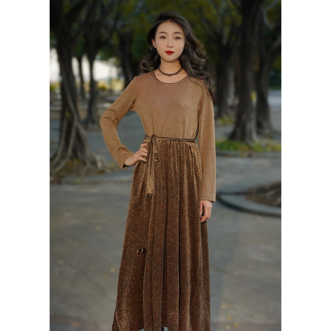 娜三月【草木染】复古秋冬氛围感碎花连衣裙32500气质CH