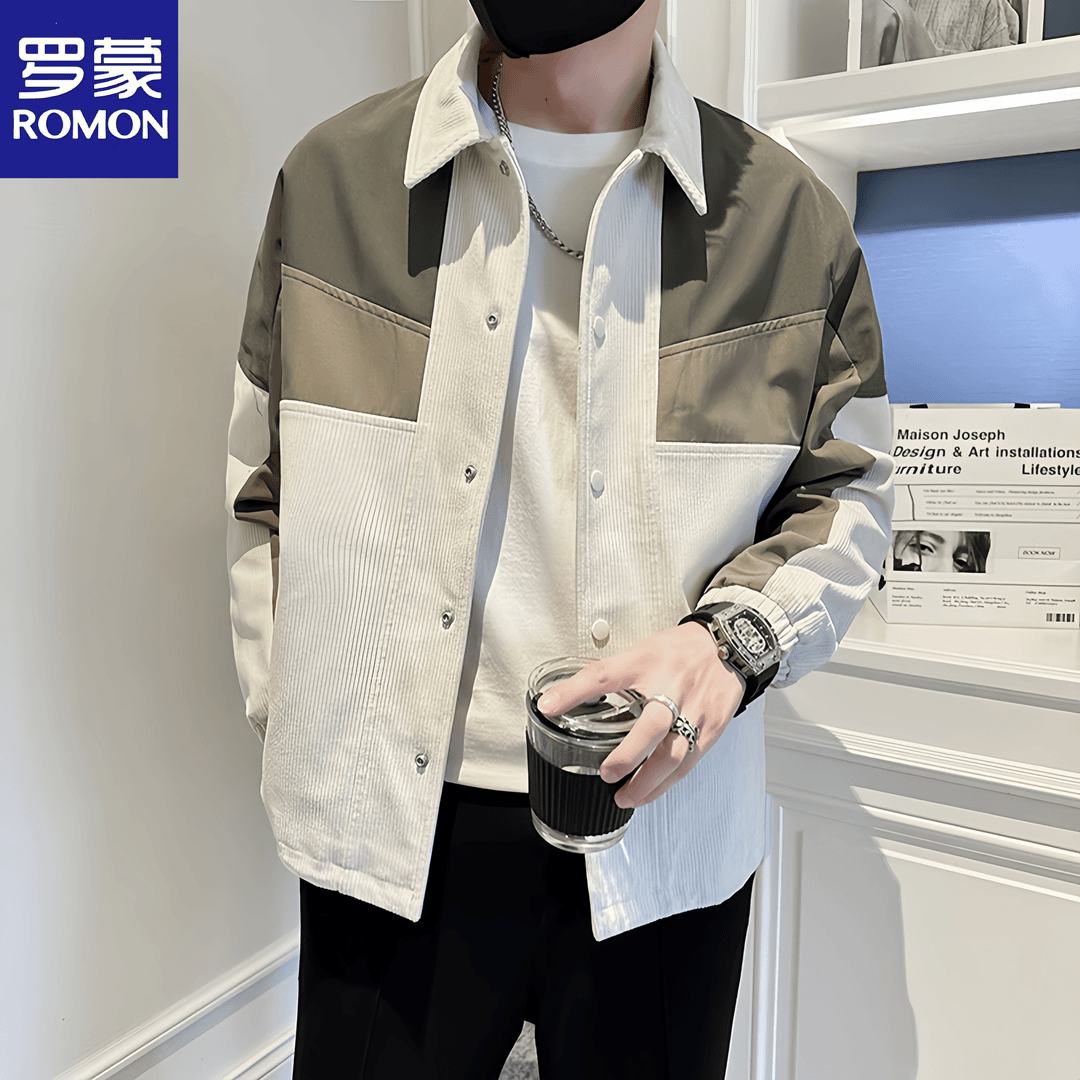 罗蒙春秋季灯芯绒夹克男士潮流休闲上衣新款青年拼接撞色翻领外套