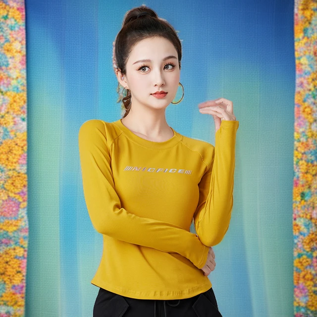 秋季显瘦立体高弹螺纹棉女款长袖运动透气春秋户外健身圆领广场舞