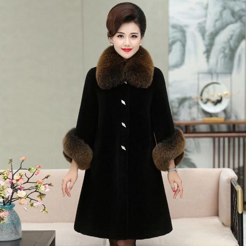 新款海宁羊剪绒大衣女中长款进口毛领妈妈装中老年羊毛皮草外套