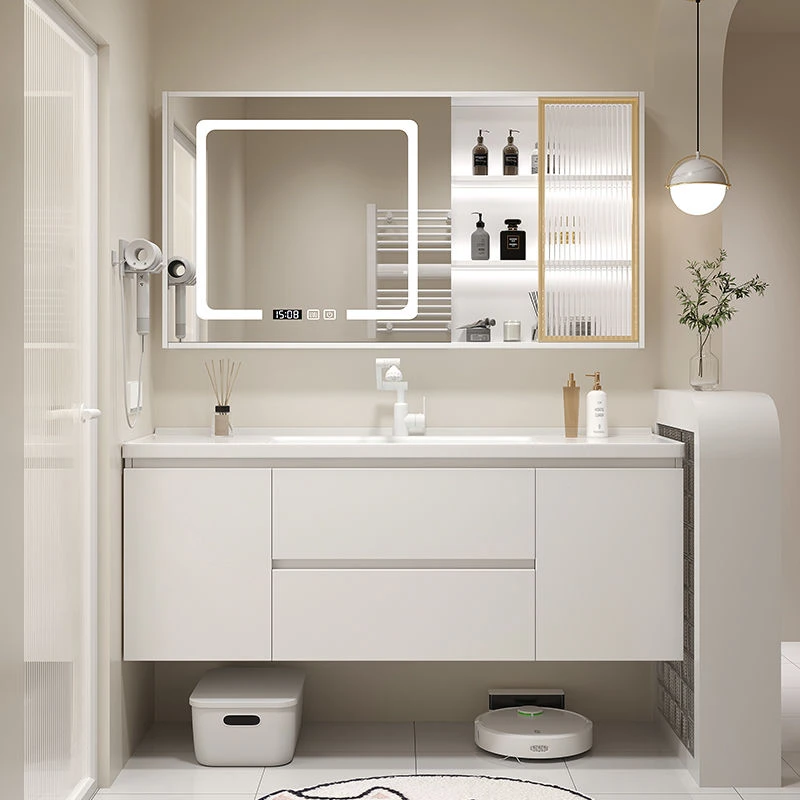 奶油风浴室柜洗漱台卫生间智能洗手脸盆肤感白一体陶瓷面盆柜组合