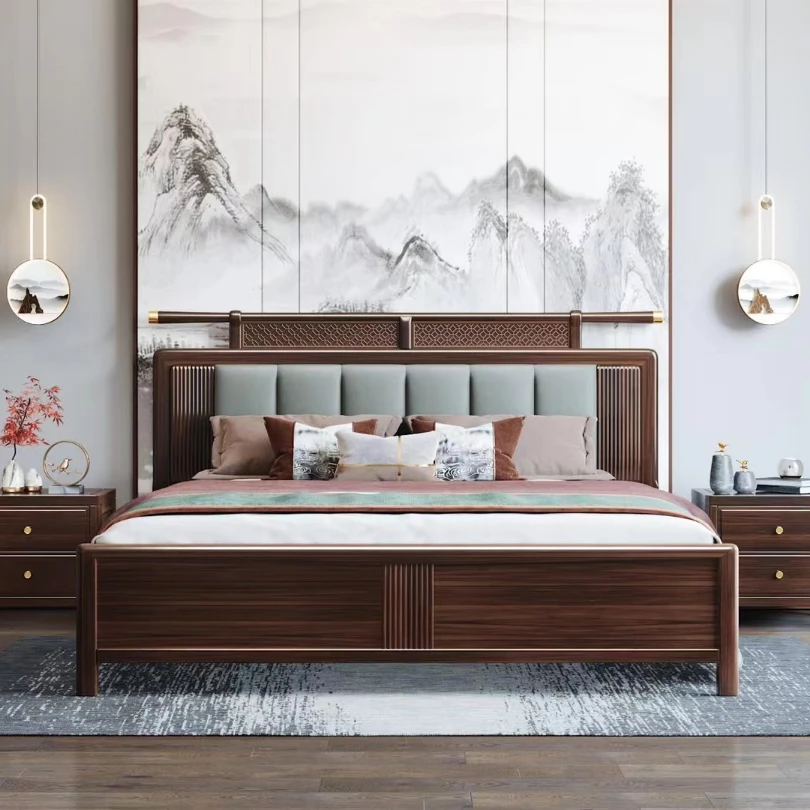 庆国庆603黑檀木全实木新中式真皮软靠包大床主卧室家用高箱