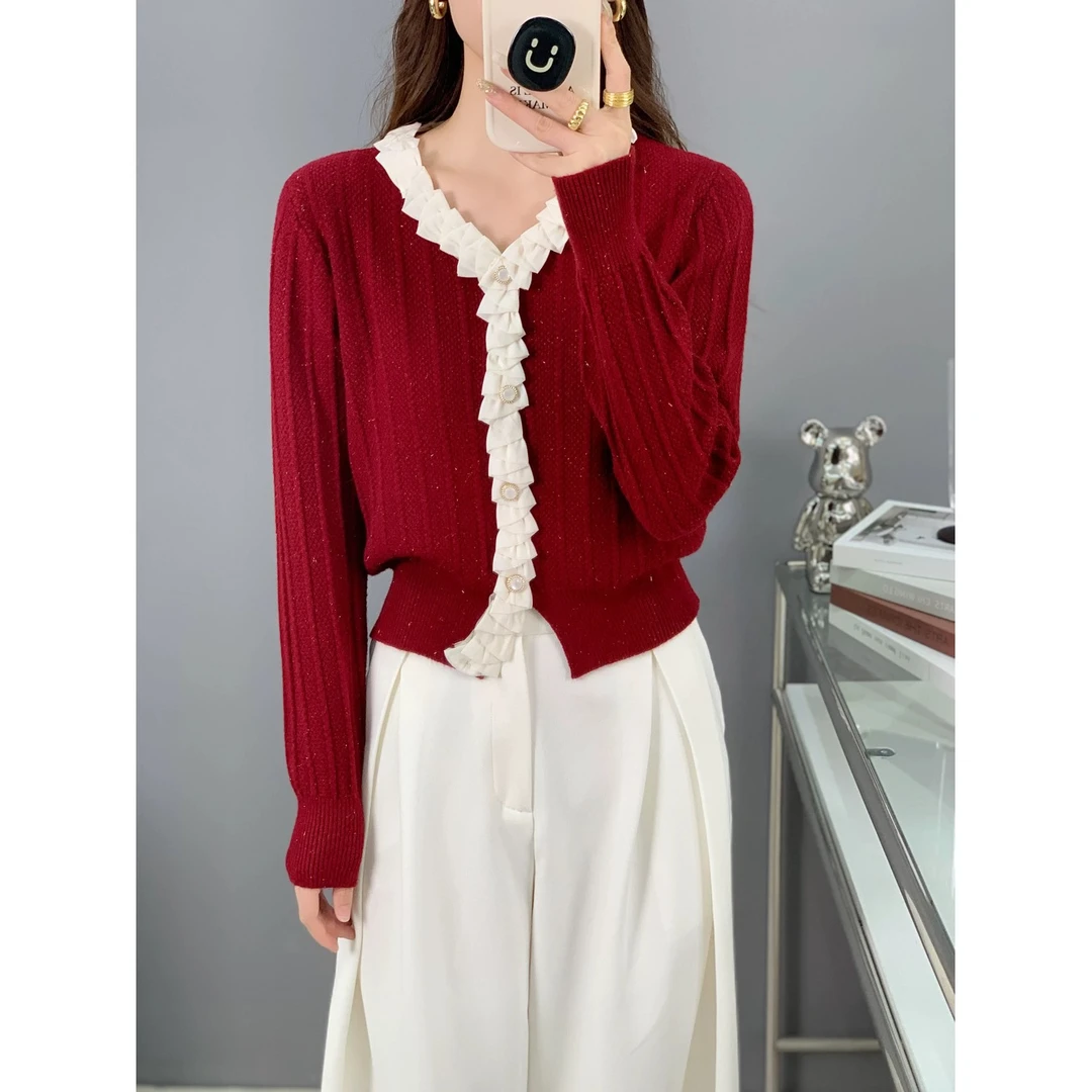 X3法式木耳边小香风女韩版针织衫2024秋冬季新款设计感减龄打底衫