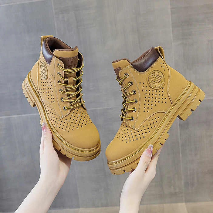 英伦风马丁靴女镂空透气短靴2024年夏季薄款单靴厚底增高大黄靴