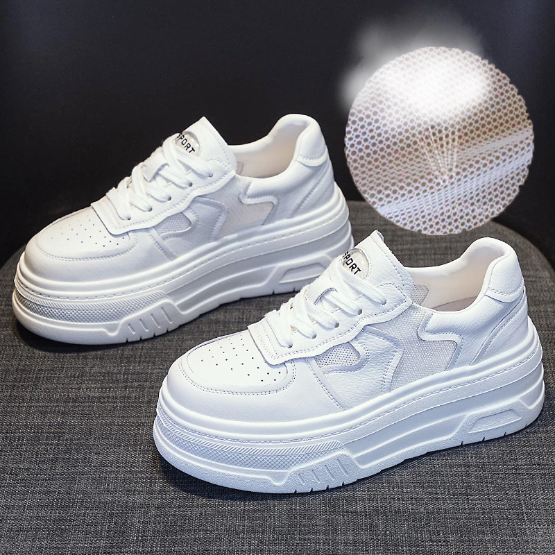 增高6CM镂空透气网面小白鞋女真皮2024春夏新款松糕厚底休闲板鞋