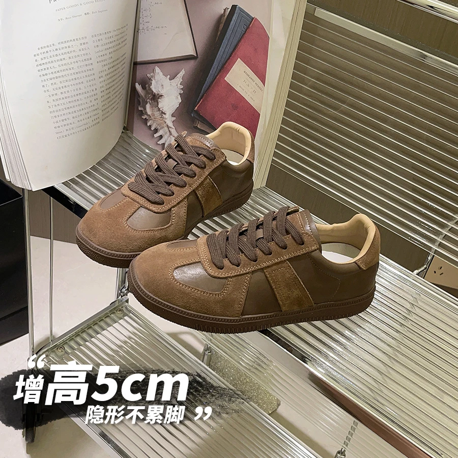 内增高5cm德训鞋女时尚系带2024秋冬新款安哥拉红真皮休闲阿甘鞋