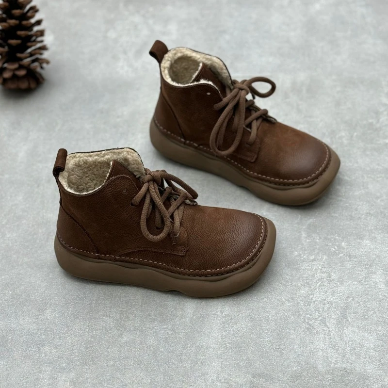 复古文艺真皮短靴2024秋冬新款手工牛皮马丁靴宽头系带软底女棉靴